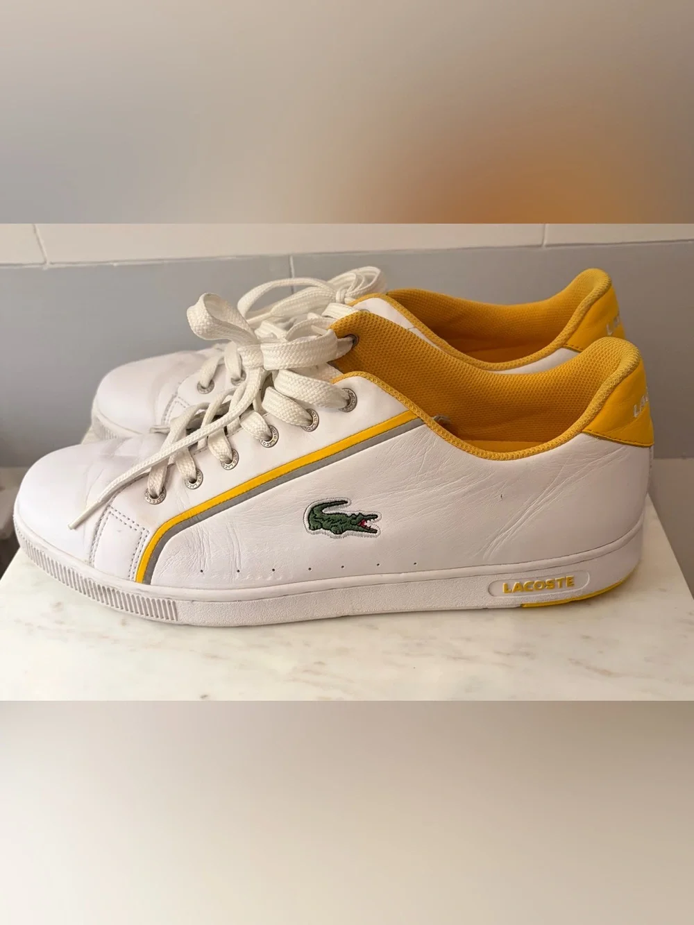 Lacoste Sport Slider Men’s White Yellow Leather Sneakers Size 14